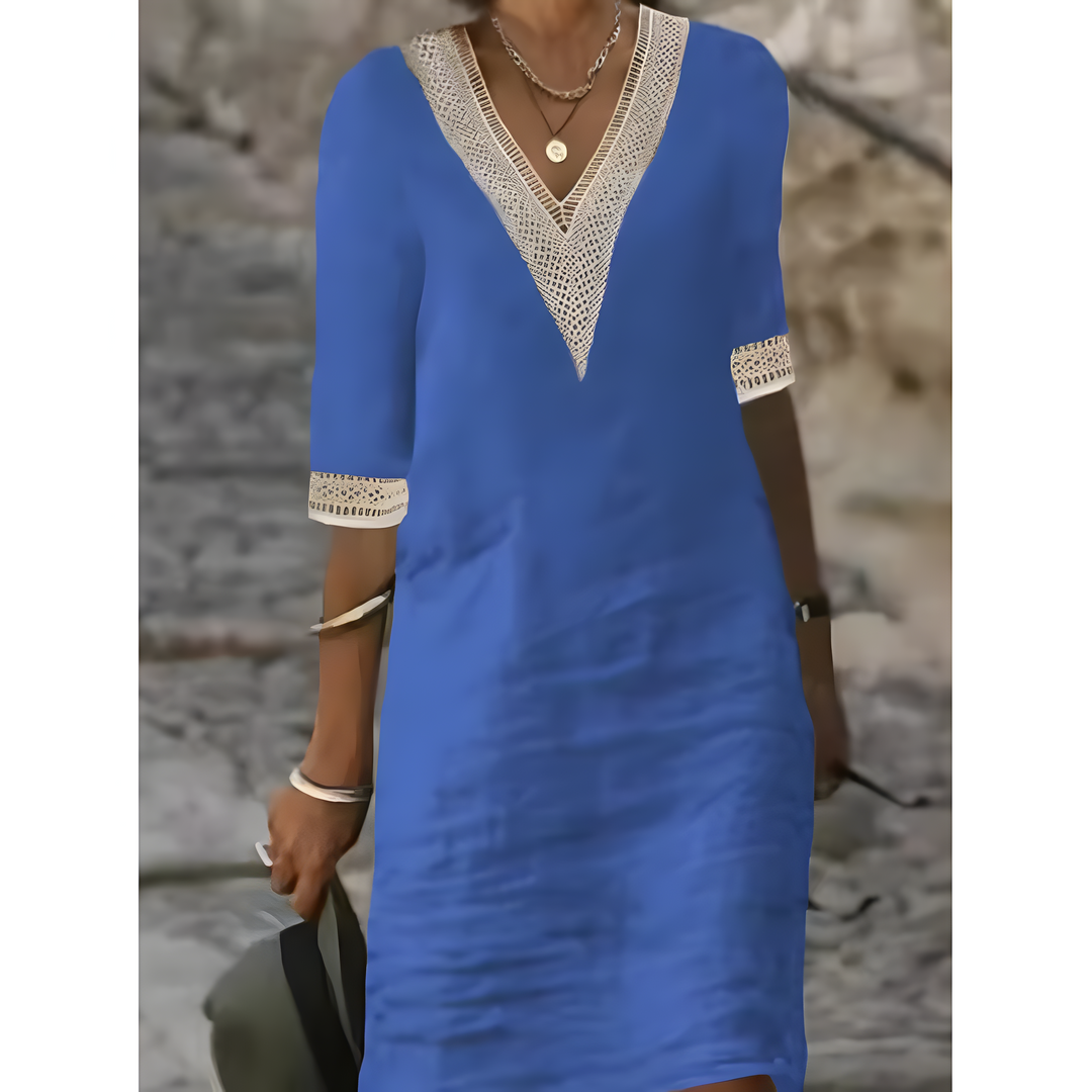 Isabeau™ | Midi Jurk met V-hals en Contrasterende Kantdetails