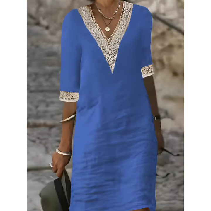 Isabeau™ | Midi Jurk met V-hals en Contrasterende Kantdetails