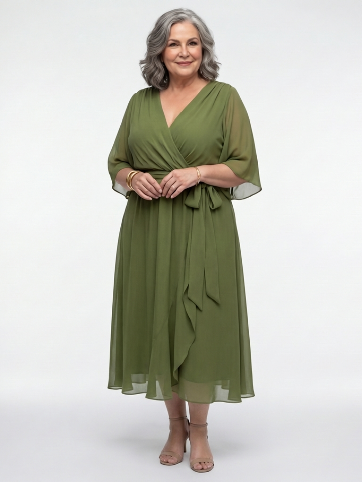 Elysia | V-hals Drapeer Taille Midi-jurk