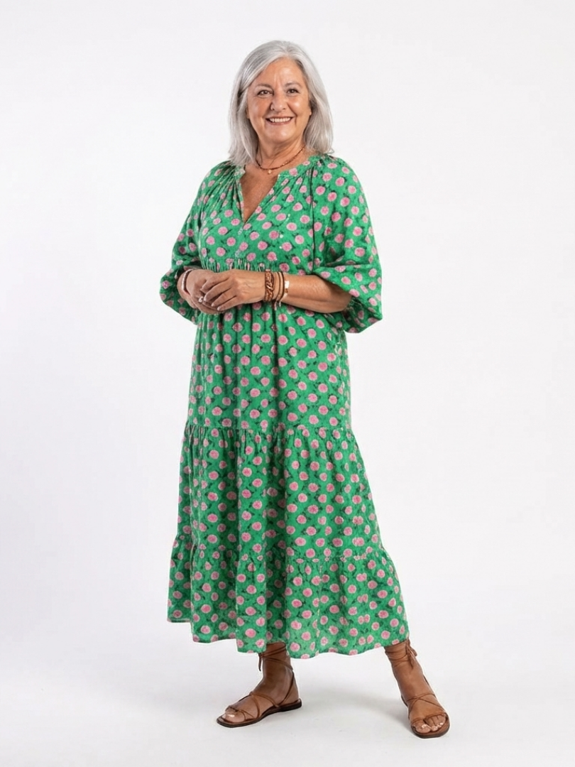 Fiora | Bloemenprint V-hals Laag Midi Jurk