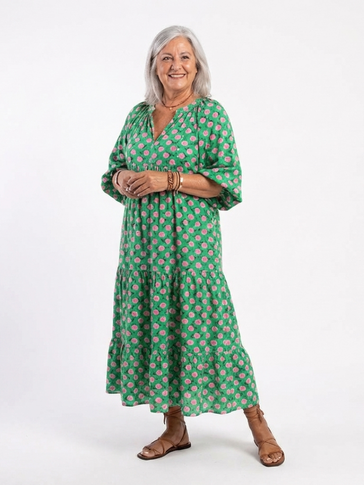 Fiora | Bloemenprint V-hals Laag Midi Jurk