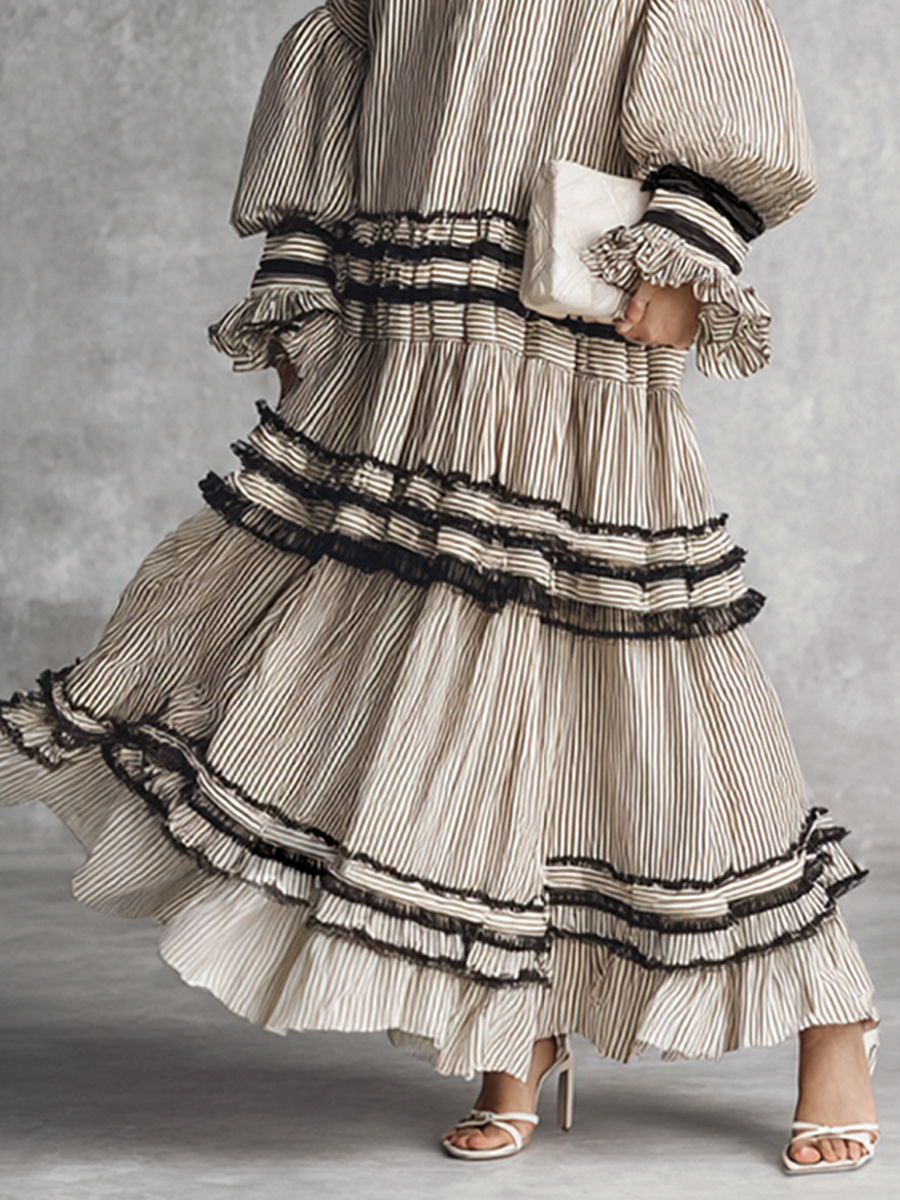 Dames Boho Gestreepte Ruffle Tiered Katoenmix Lange Mouwen Maxi Jurk MDZ1426B2BA