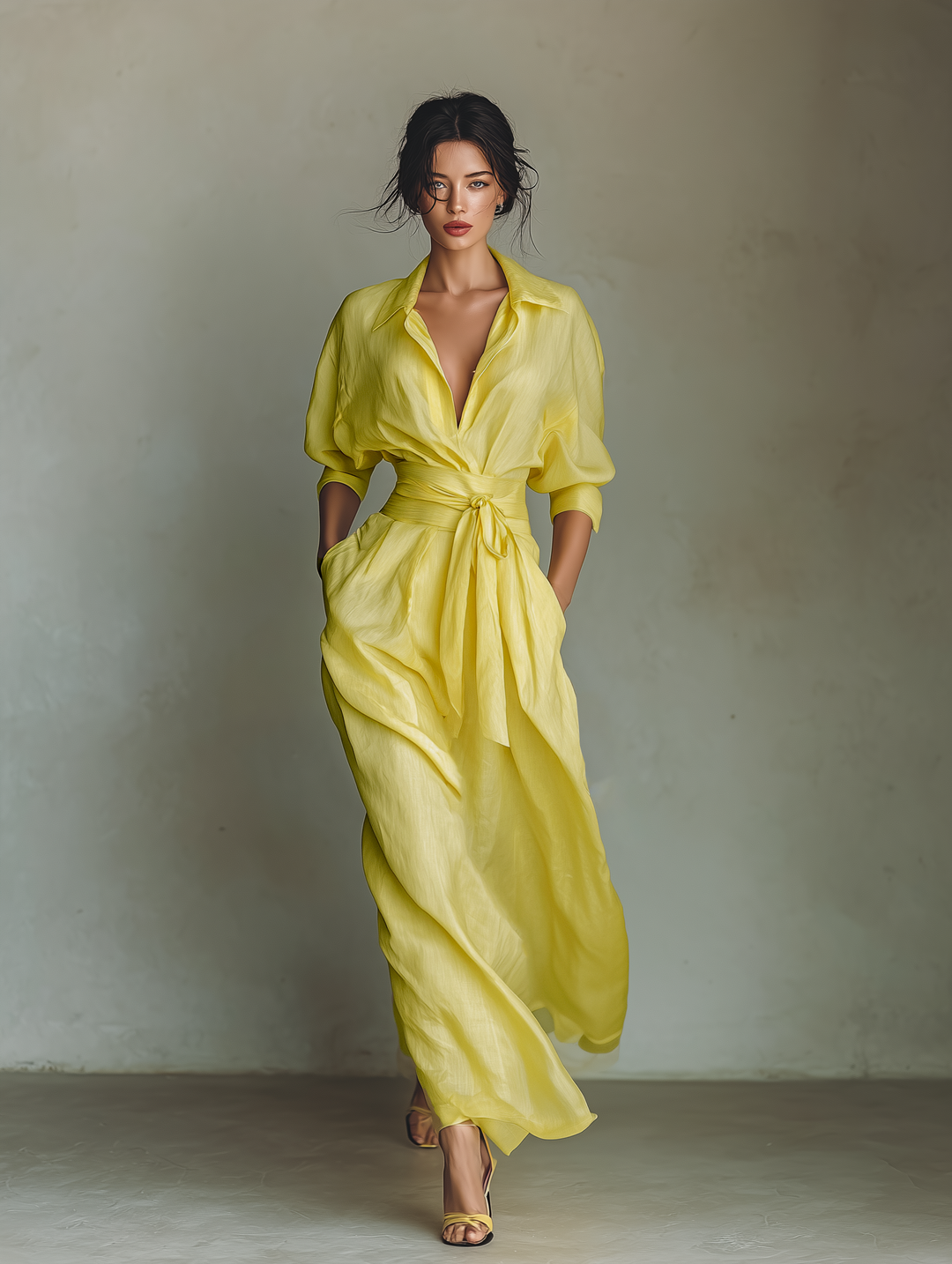 Dames Maxi Shirt Jurk In Citroengeel Katoen En Linnenmix Met Strik Taille & Halve Mouwen MDZ2884A4T