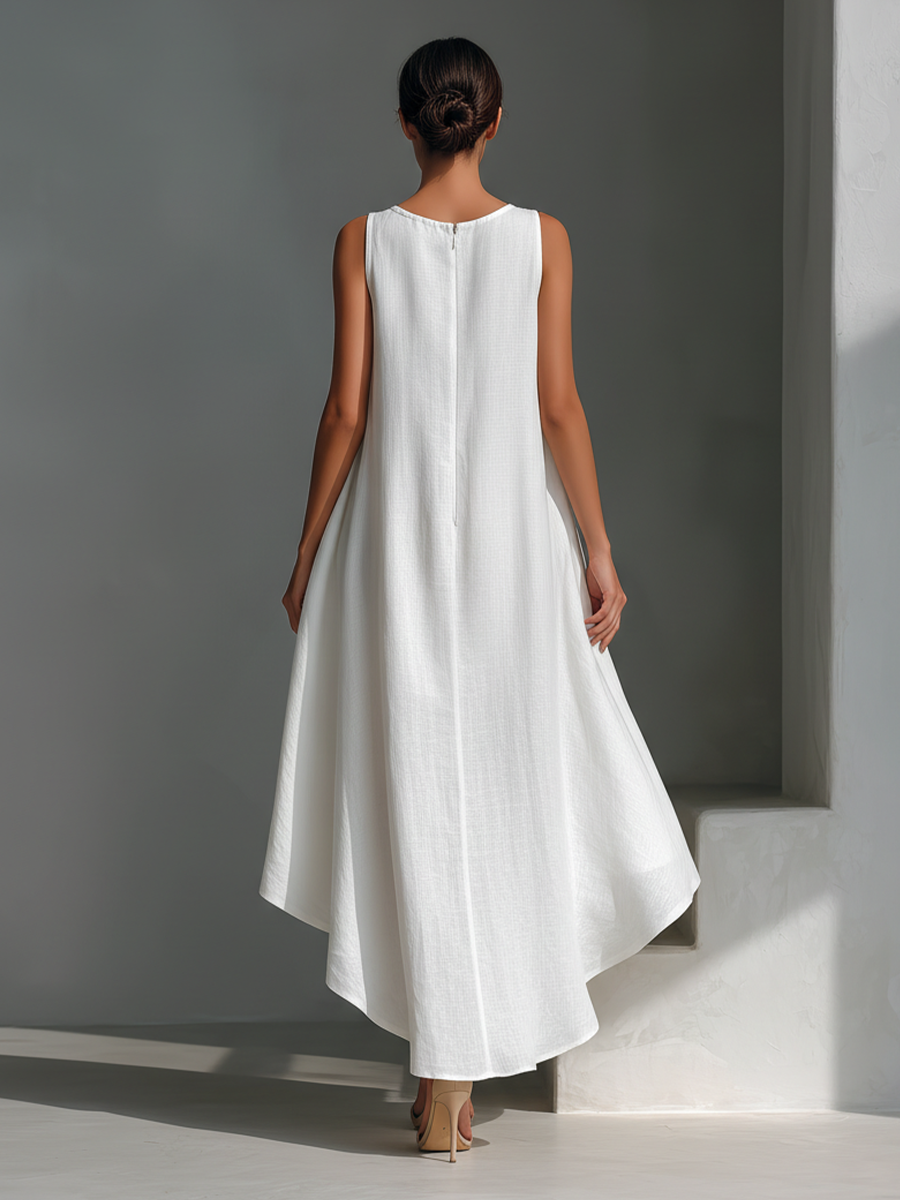Vrouwen Witte Linnen Stoffen Mouwloze Midi Jurk Met Ronde Hals & Asymmetrische Zoom MDZ0987B9T