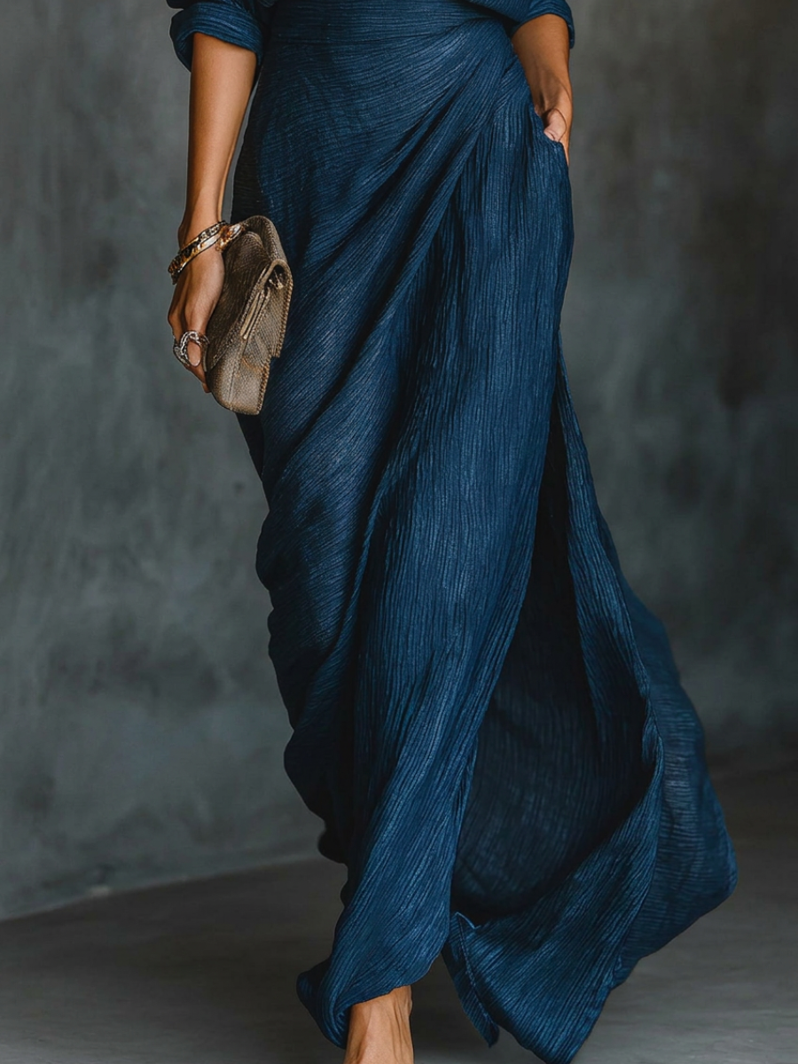 Set van Lange Mouwen met Kraag en Elegante Maxi Plissé Rok in Effen Kleur