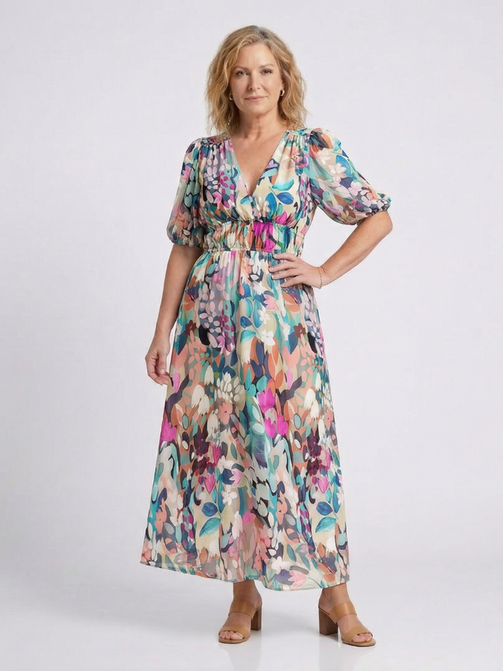 Eulalie | V-hals Korte Mouw Geraffineerde Taille Midi-jurk