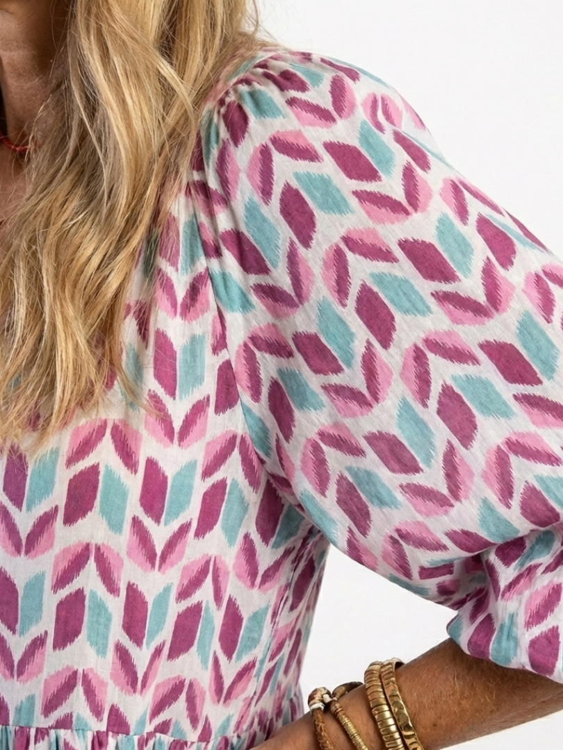 Mireya | Geometrische Print Lange Mouwen Tiered Midi Jurk