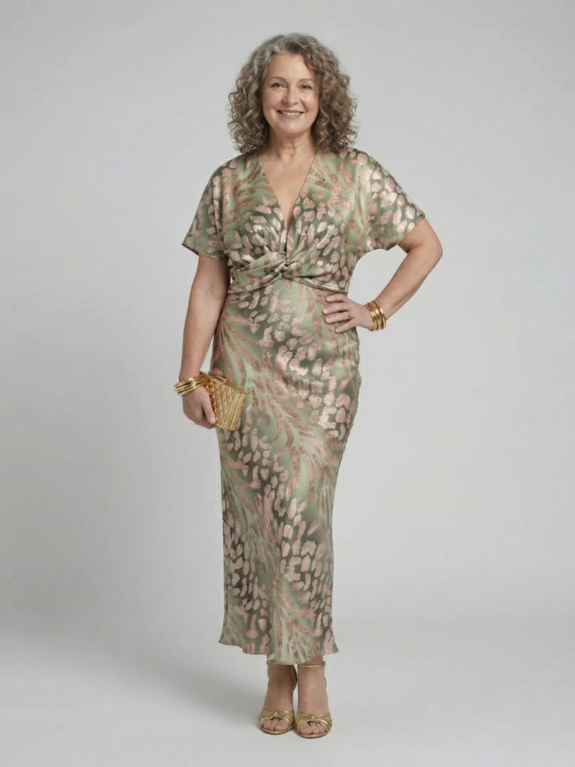 Coralie | Abstracte Print V-Hals Wikkel Taille Midi Jurk