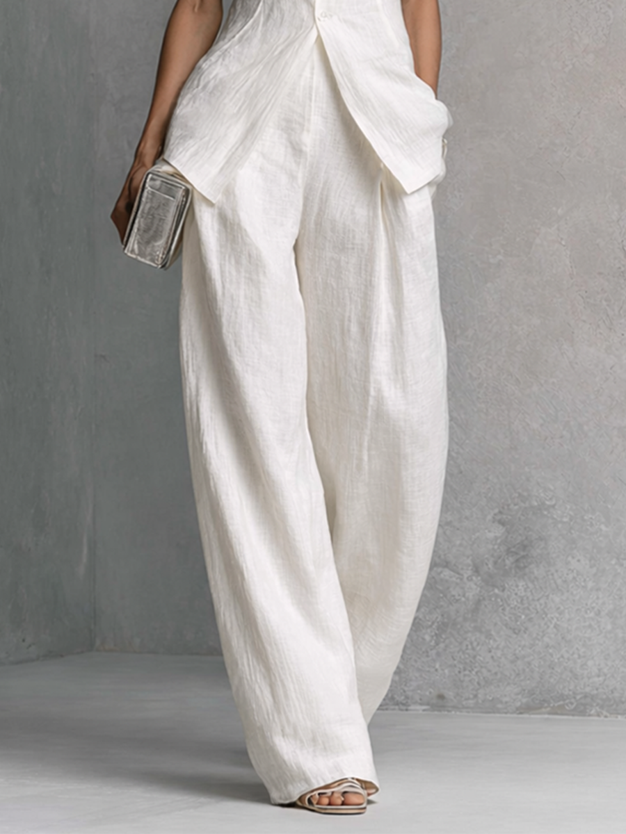 Dames Elegante Witte Katoen Linnen Mouwloze Top en Wijde Broek Set MDZ0221B1BA
