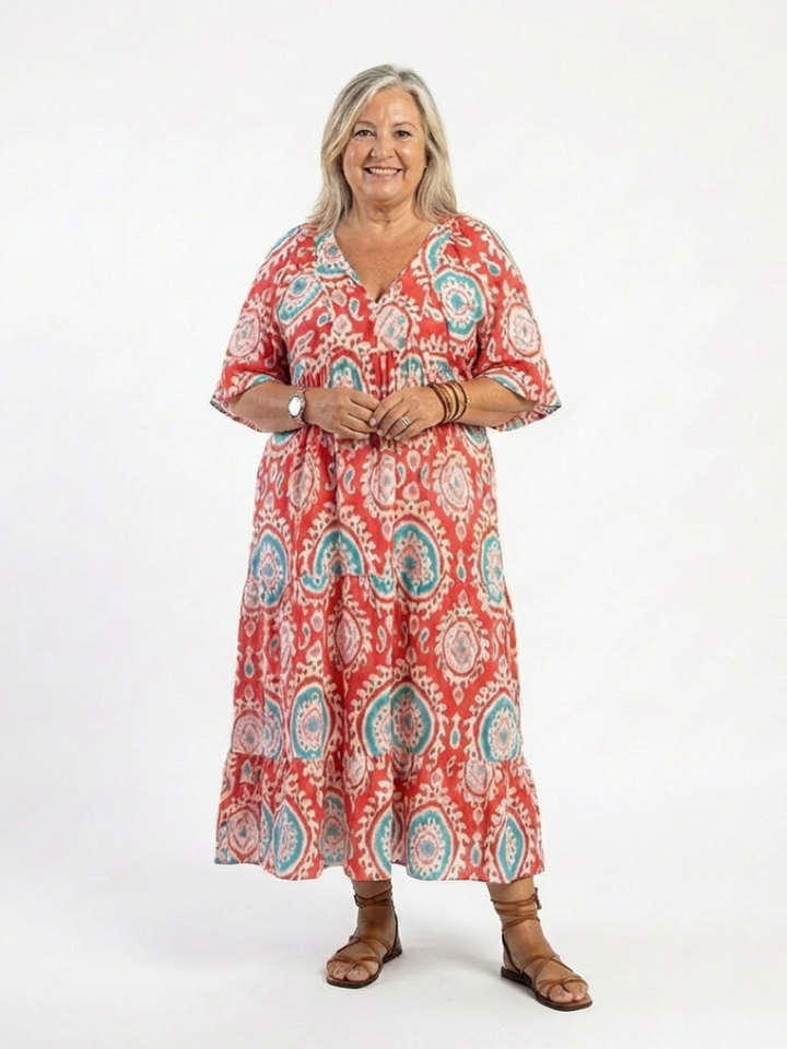 Zaria | Paisley-Print V-Hals Korte Mouw Midi-Jurk