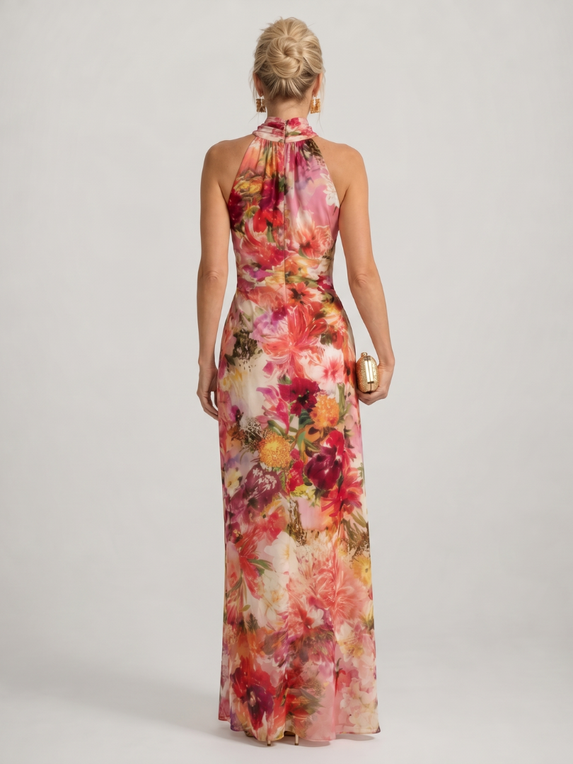 Elisabetta | Halternek Bloemenprint Maxi Jurk