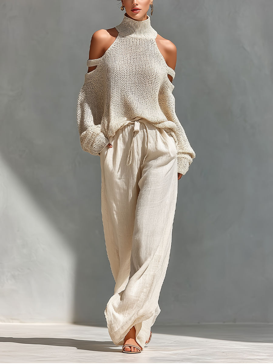 Dames Beigekleurige Gebreide Katoenen Cold-Shoulder Coltrui & Wijde Broek Set MDZ0984A5T
