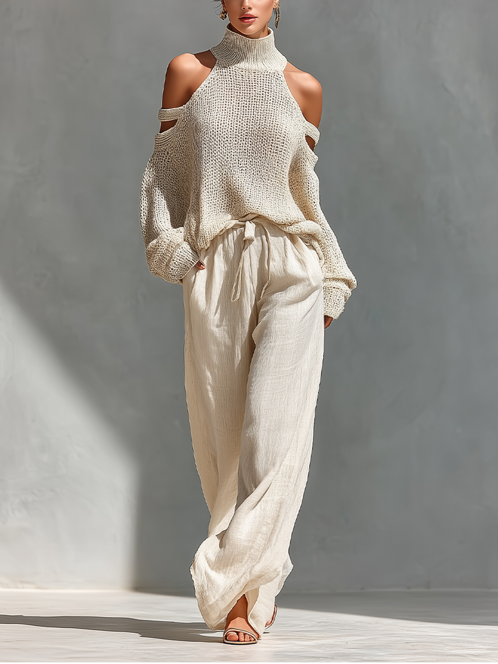 Dames Beigekleurige Gebreide Katoenen Cold-Shoulder Coltrui & Wijde Broek Set MDZ0984A5T