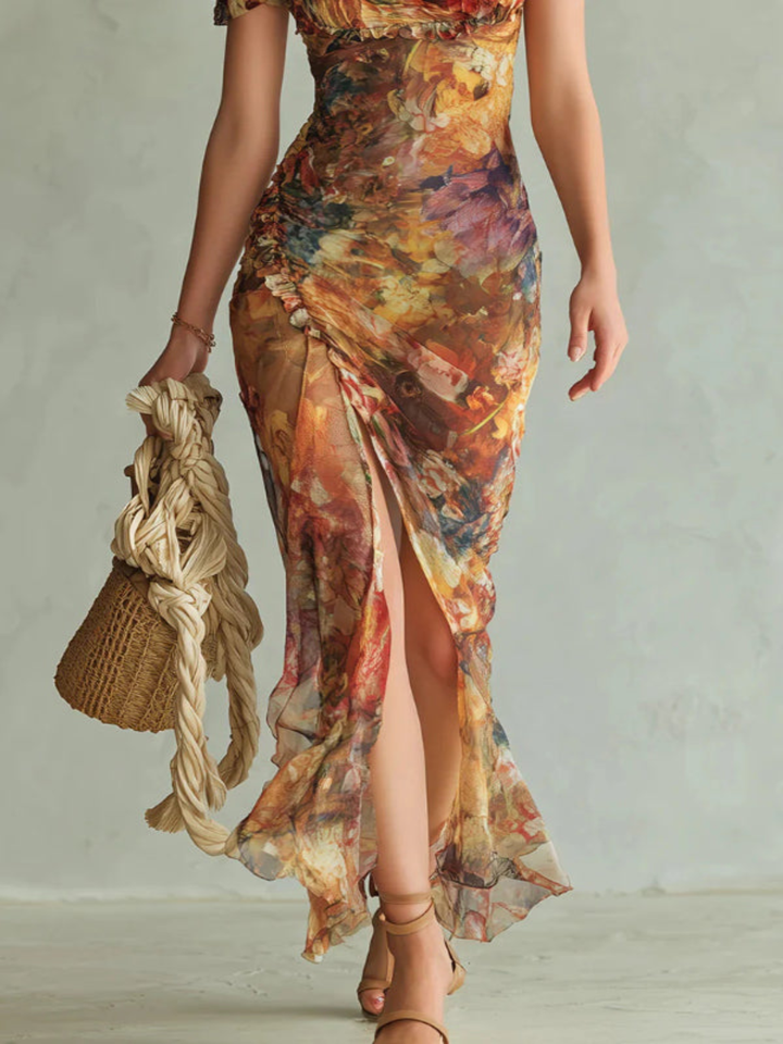 Maxi Elegante Jurk met Vierkante Hals, Korte Mouwen en Bloemenstrepen