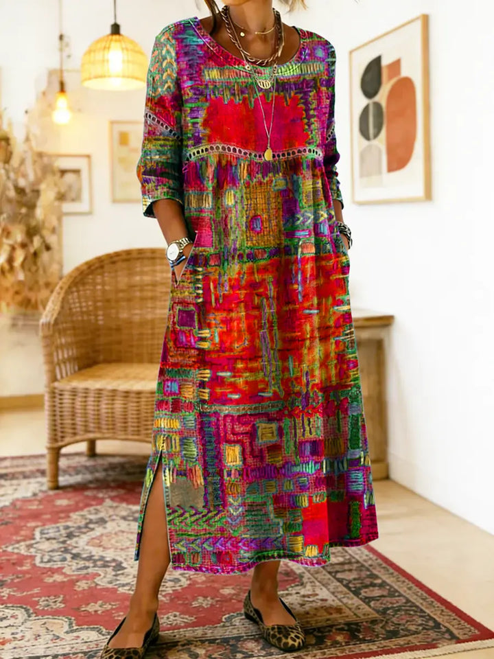 Manuela denim jurk met etnische patchwork