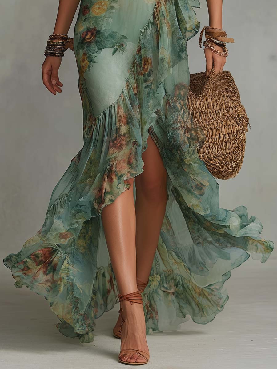 Aurora - lange boho bloemenjurk met romantische asymmetrische zoom