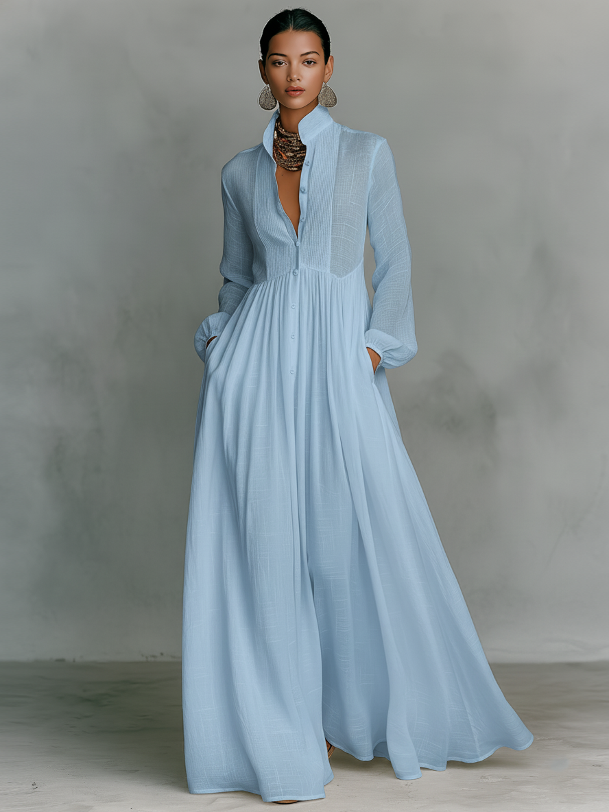 Maxi Minimalistische Jurk van Katoen en Linnen met Patchwork, Hoge Hals en Lange Mouwen
