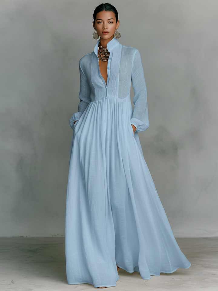 Maxi Minimalistische Jurk van Katoen en Linnen met Patchwork, Hoge Hals en Lange Mouwen