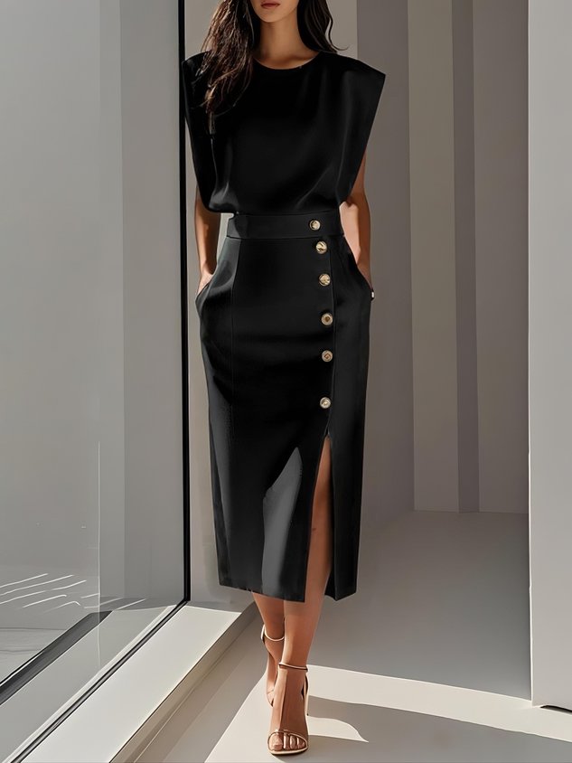 Malene™ | Effen midi-jurk met knoopsluiting en ronde hals
