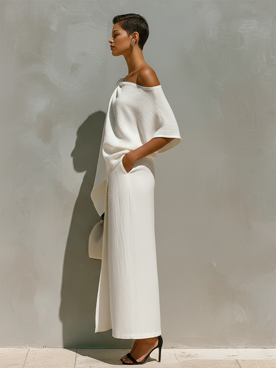 Dames Witte Linnen Set Met Eén-Schouder Knoopdetail & Voorsplit, Tijdloze Minimalistische Resortstijl Set MDZ2796C6I