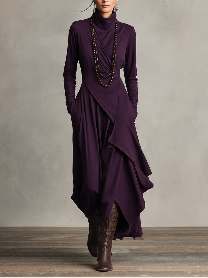 Dames Paarse Boheemse Katoenen Stretch Col Asymmetrische Geplooide Maxi Jurk MDA2055J9I