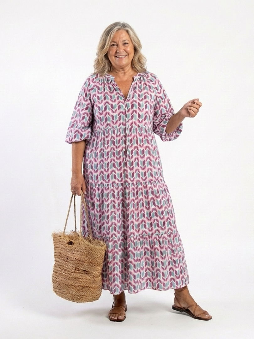 Mireya | Geometrische Print Lange Mouwen Tiered Midi Jurk