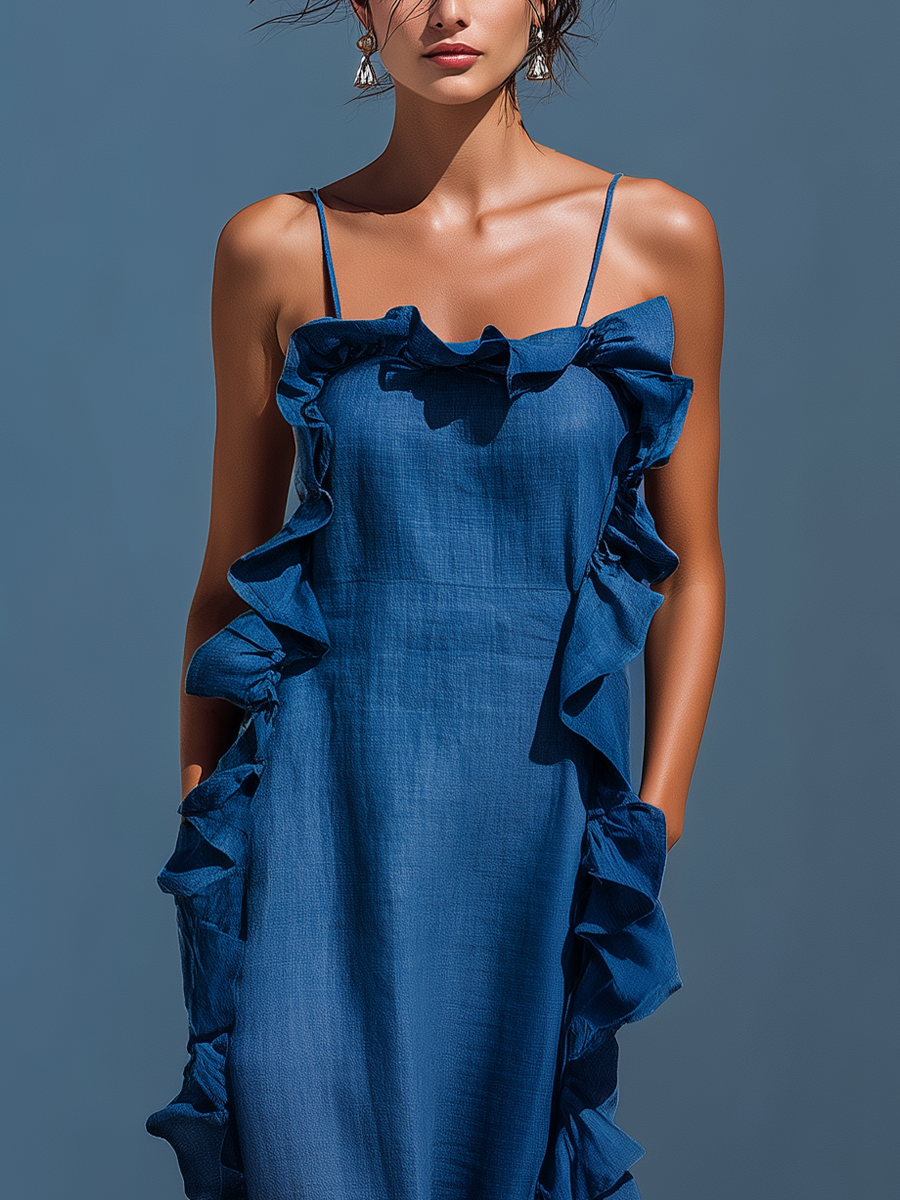 Dames Blauwe Linnenmix Spaghetti Strap Ruffle Trim Maxi Jurk Met Split MDZ2407D1T
