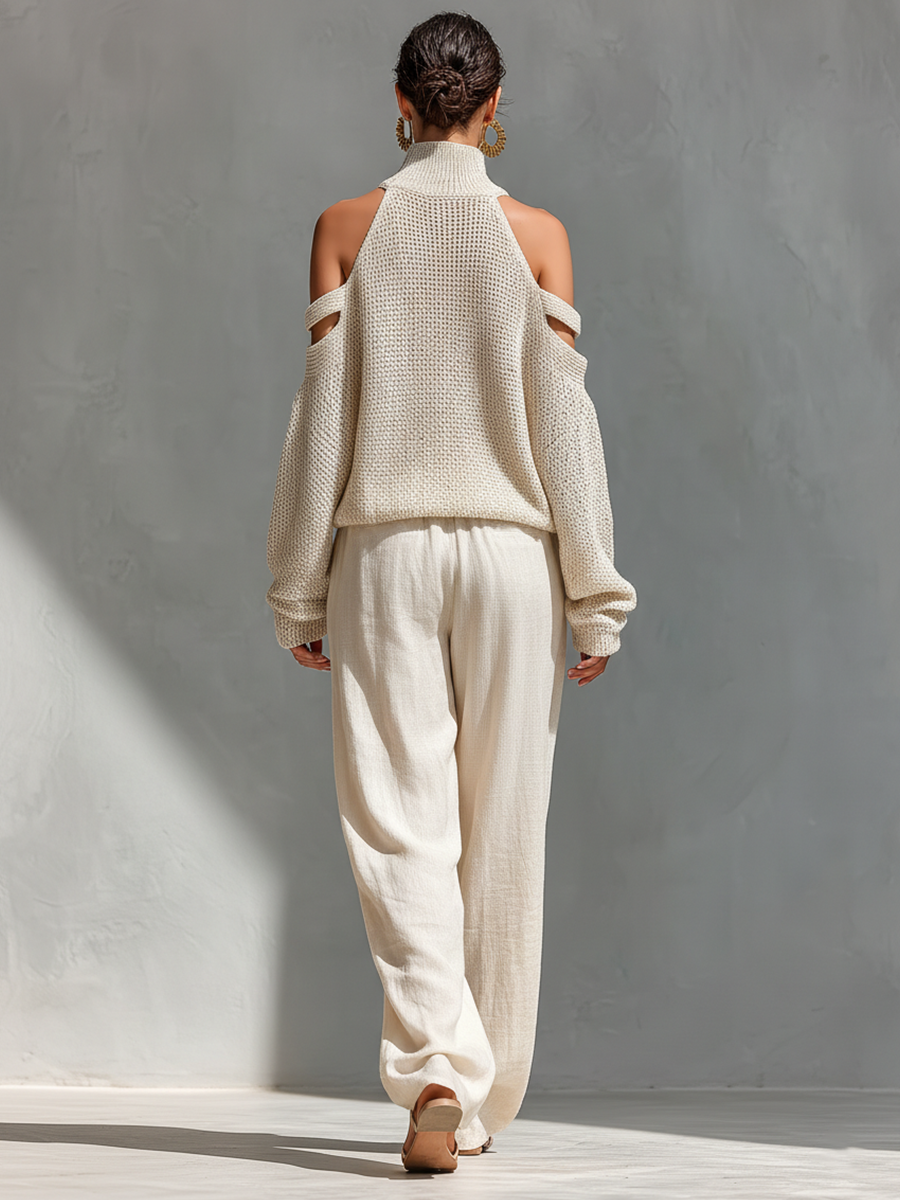 Dames Beigekleurige Gebreide Katoenen Cold-Shoulder Coltrui & Wijde Broek Set MDZ0984A5T