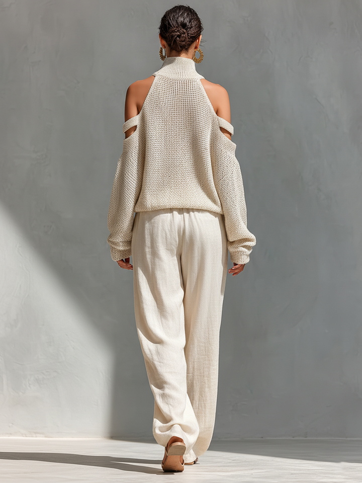 Dames Beigekleurige Gebreide Katoenen Cold-Shoulder Coltrui & Wijde Broek Set MDZ0984A5T