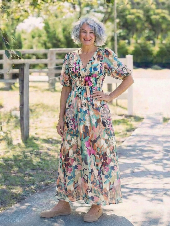 Eulalie | V-hals Korte Mouw Geraffineerde Taille Midi-jurk