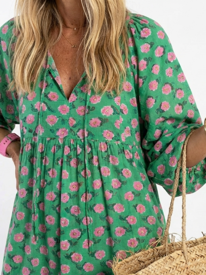 Fiora | Bloemenprint V-hals Laag Midi Jurk