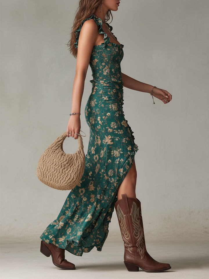 Zara - Maxi boho retro jurk met gerimpelde mouwen en hoge split