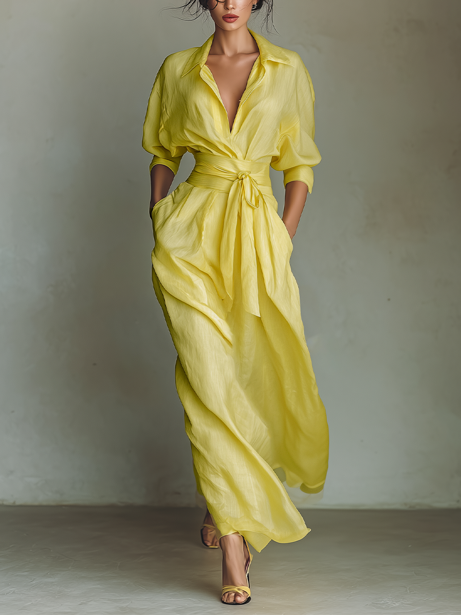 Dames Maxi Shirt Jurk In Citroengeel Katoen En Linnenmix Met Strik Taille & Halve Mouwen MDZ2884A4T
