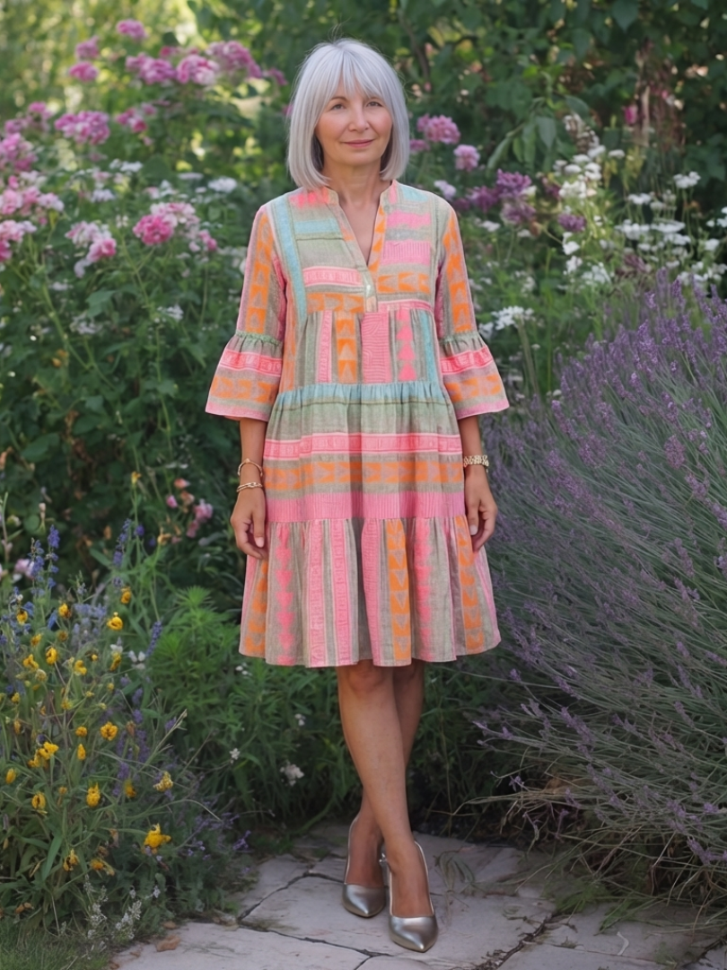 Maelle | Geometrische Print V-hals Stufenjurk in Knie-lengte