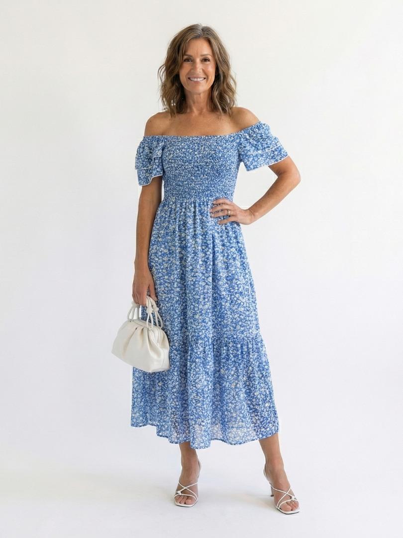 Odette | Off-Shoulder Bloemen Smocked Midi Jurk