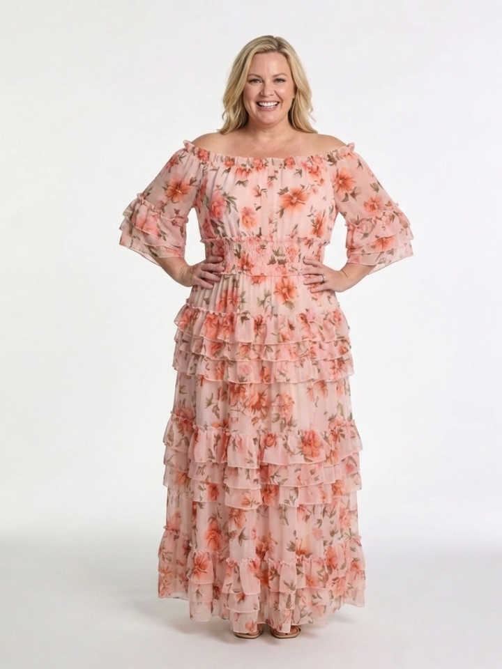 Rosalie | Off-Shoulder Bloemen Ruffle Tiered Maxi-jurk