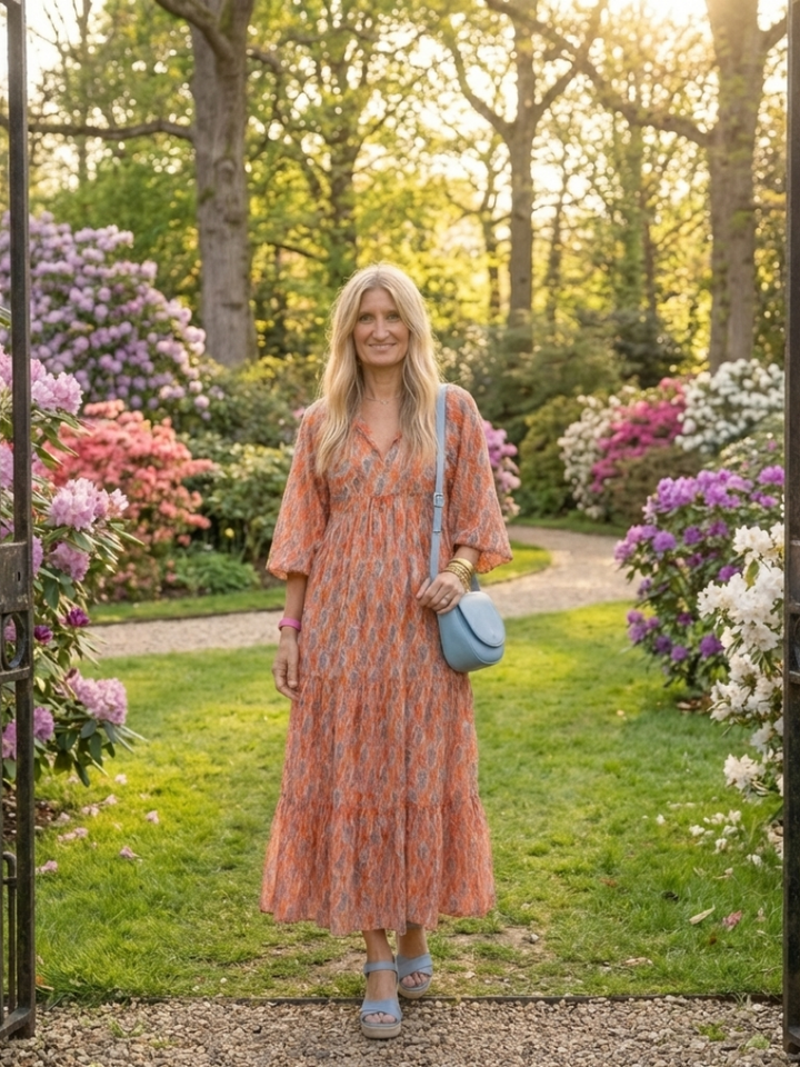 Amara | Geometrische Print V-hals Laag Midi-jurk