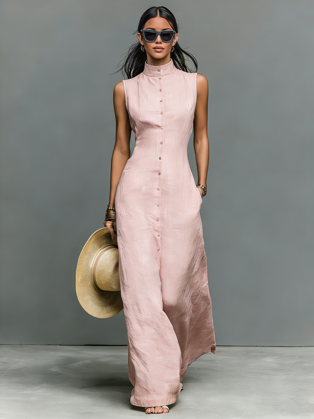 Dames Minimalistische Linnenmix Staande Kraag Enkele Knoploze Mouwloze Maxi Jurk MDZ1049C1Y