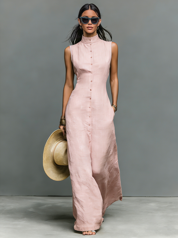Dames Minimalistische Linnenmix Staande Kraag Enkele Knoploze Mouwloze Maxi Jurk MDZ1049C1Y