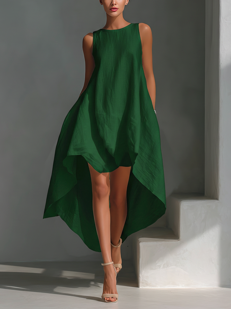 Vrouwen Witte Linnen Stoffen Mouwloze Midi Jurk Met Ronde Hals & Asymmetrische Zoom MDZ0987B9T