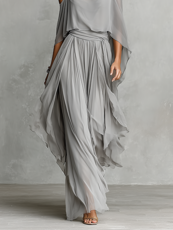 Dames Grijze Ademend Chiffon Set Met Koude Schouder Detail & Flared Silhouette, Hedendaagse Luxe-Vrouwelijke Stijl Set MDZ2651B6I