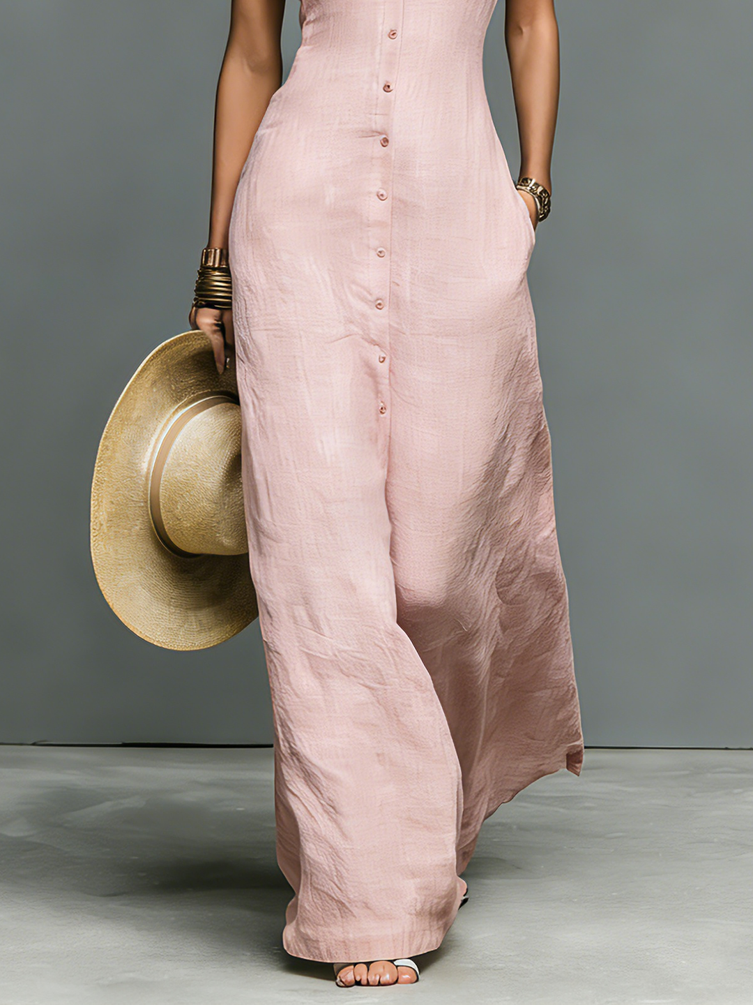 Dames Minimalistische Linnenmix Staande Kraag Enkele Knoploze Mouwloze Maxi Jurk MDZ1049C1Y