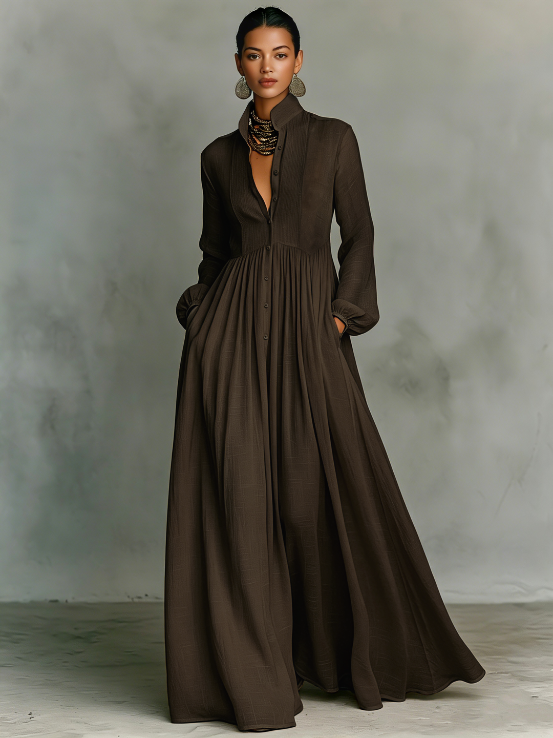 Dames Minimalistische Katoen En Linnen Patchwork Enkele Knop Staande Kraag Lange Mouwen Maxi Jurk MDA0658K6Y