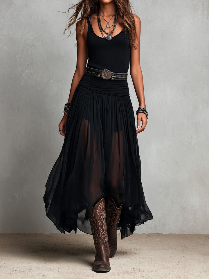 Maxi Jurk Stretchy Zwart Boho Western met Transparante Rok