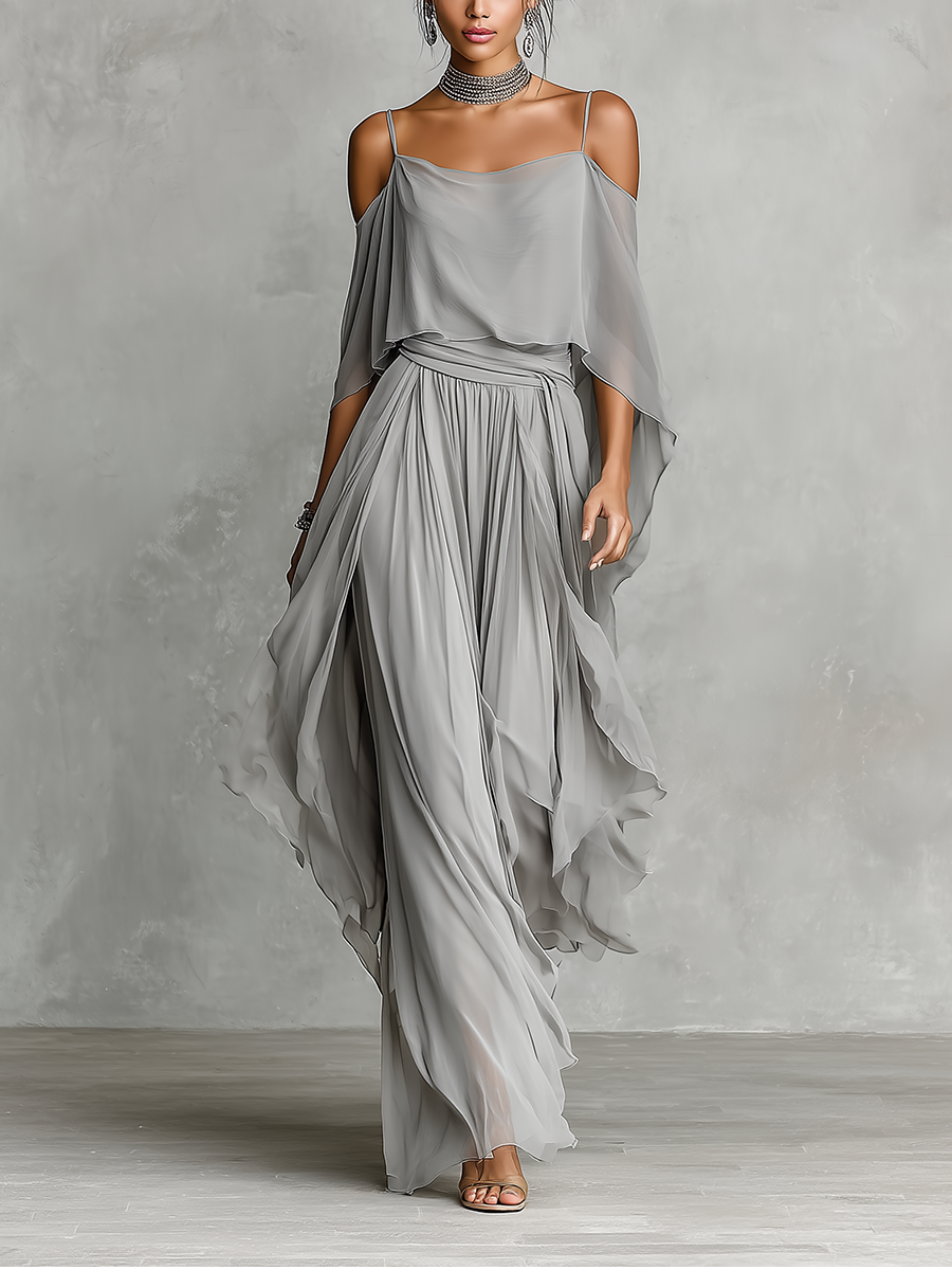 Dames Grijze Ademend Chiffon Set Met Koude Schouder Detail & Flared Silhouette, Hedendaagse Luxe-Vrouwelijke Stijl Set MDZ2651B6I