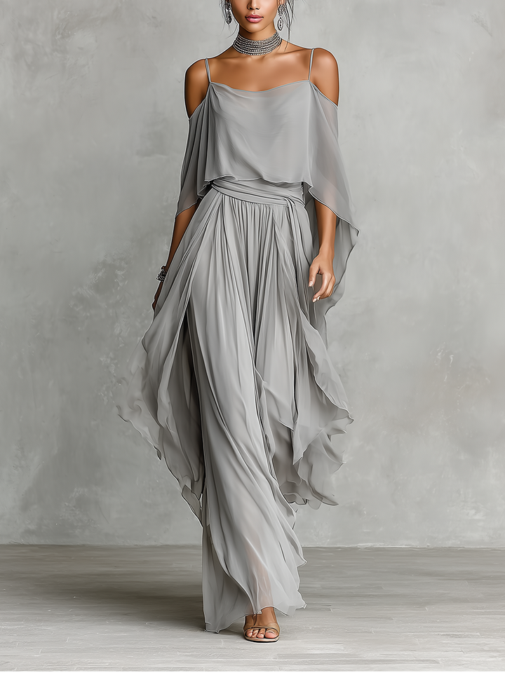 Dames Grijze Ademend Chiffon Set Met Koude Schouder Detail & Flared Silhouette, Hedendaagse Luxe-Vrouwelijke Stijl Set MDZ2651B6I