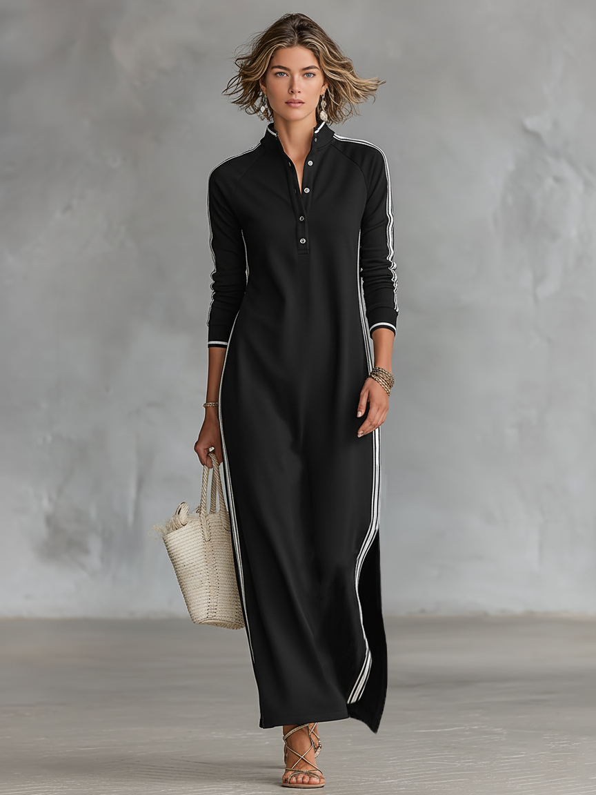Dames Minimalistische Sweatshirt Maxi Jurk met Witte Bies en Knopen MDA0958L0Y