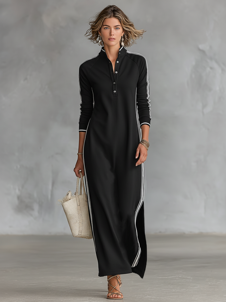 Dames Minimalistische Sweatshirt Maxi Jurk met Witte Bies en Knopen MDA0958L0Y