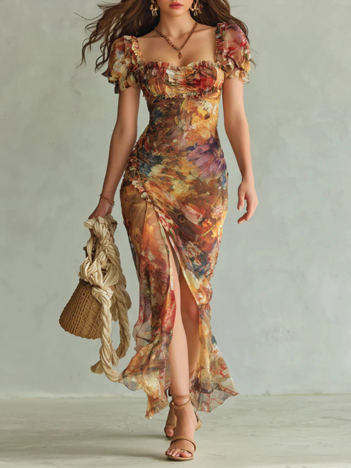 Maxi Elegante Jurk met Vierkante Hals, Korte Mouwen en Bloemenstrepen