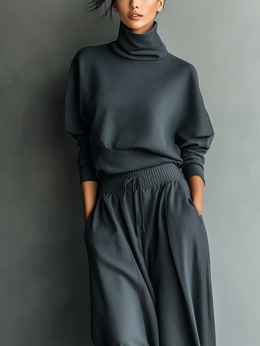 Dames Charcoal Gebreide Turtleneck Oversized Top & Brede Broek Set MDA2435L7T